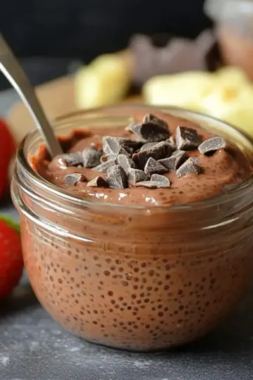 Decadent chocolate chia protein pudding garnished with coconut flakes and cacao nibs