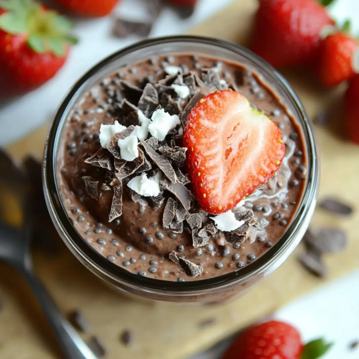 Thick and creamy chocolate chia protein pudding in a glass bowl with almond slices
