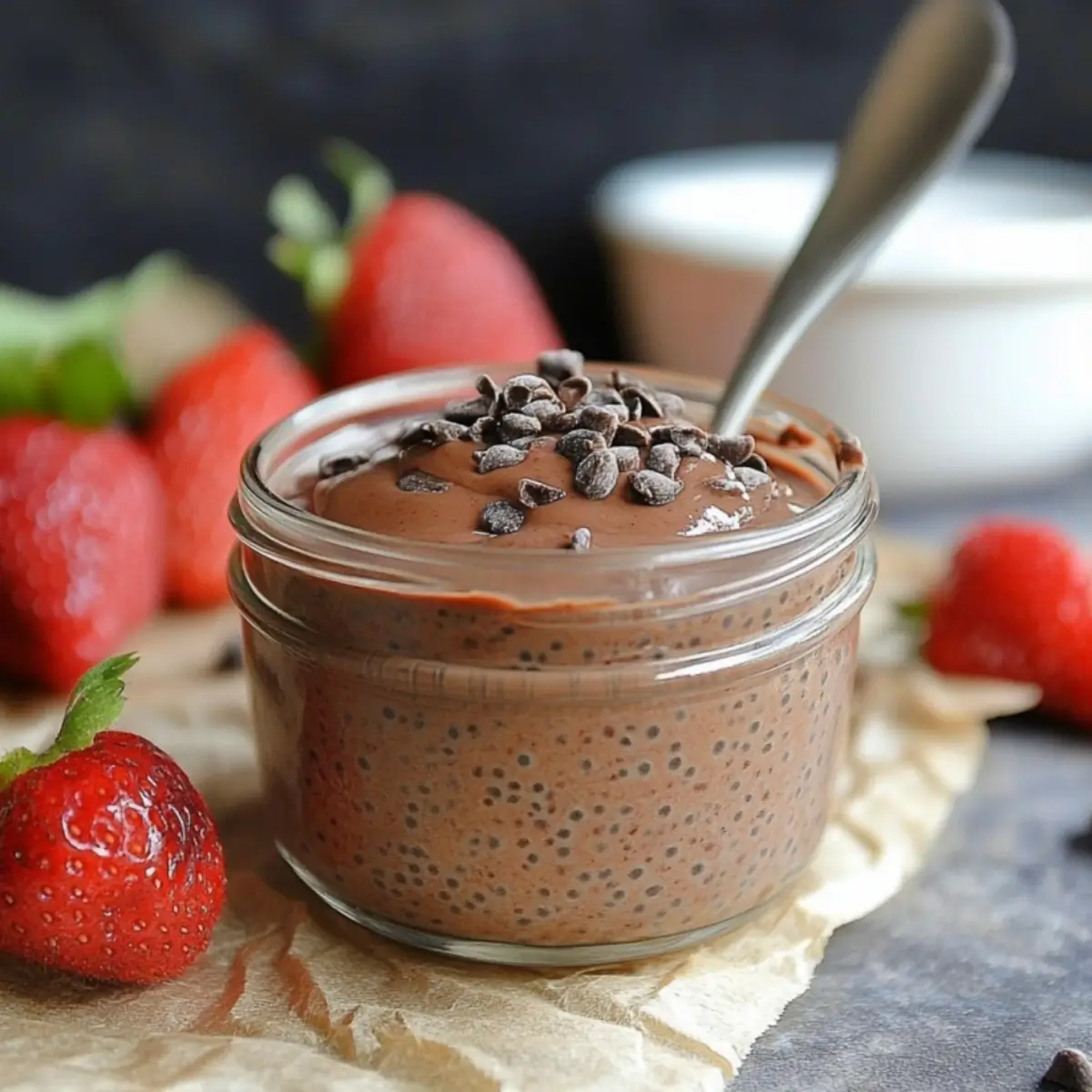 Smooth chocolate chia protein pudding served in a mason jar with banana slices on top
