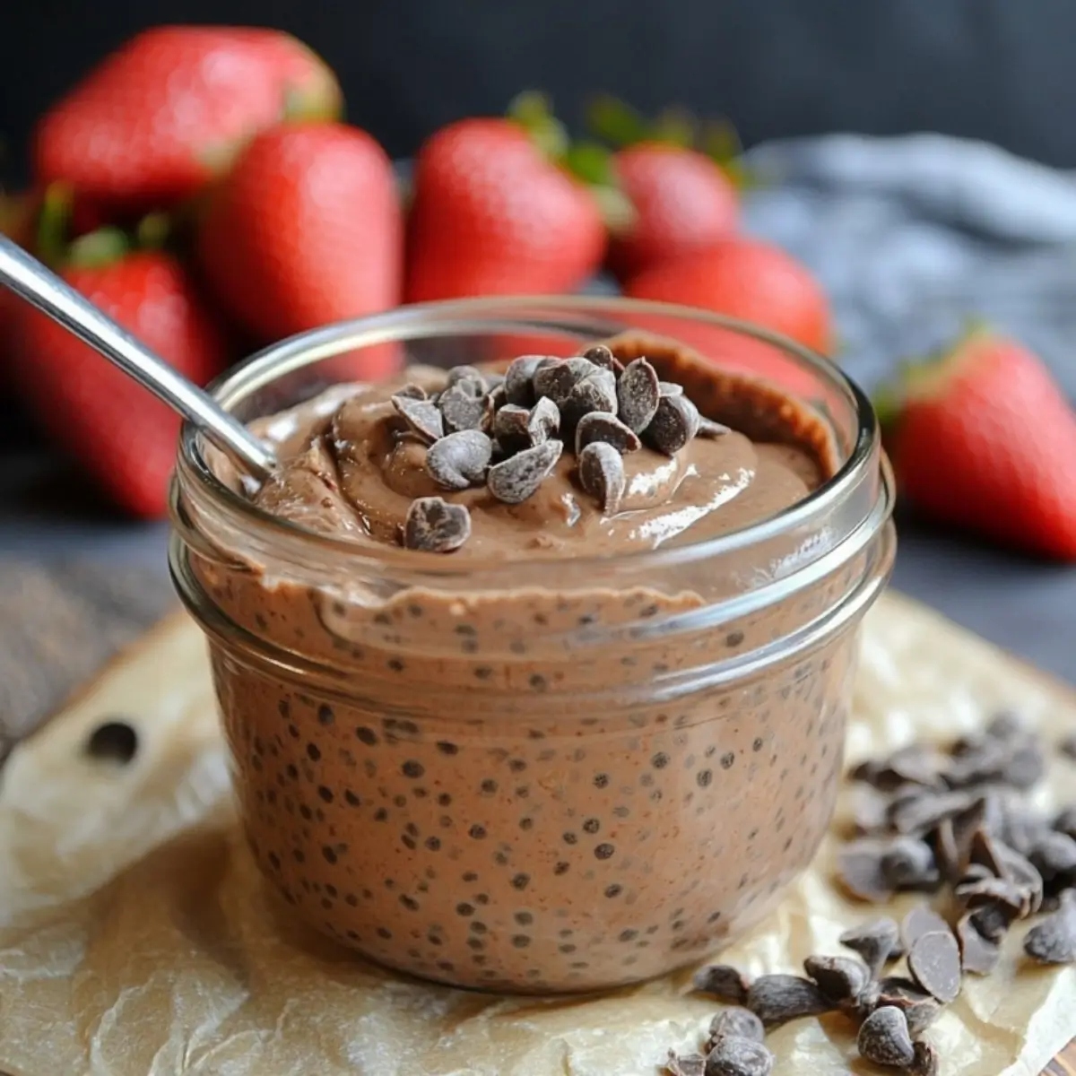 Chocolate Chia Protein Pudding 8 Bowl of rich chocolate chia protein pudding topped with fresh berries and nuts