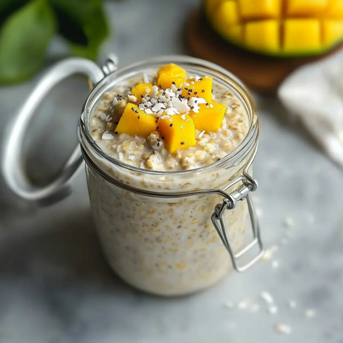 Healthy breakfast jar filled with mango coconut overnight oats recipe