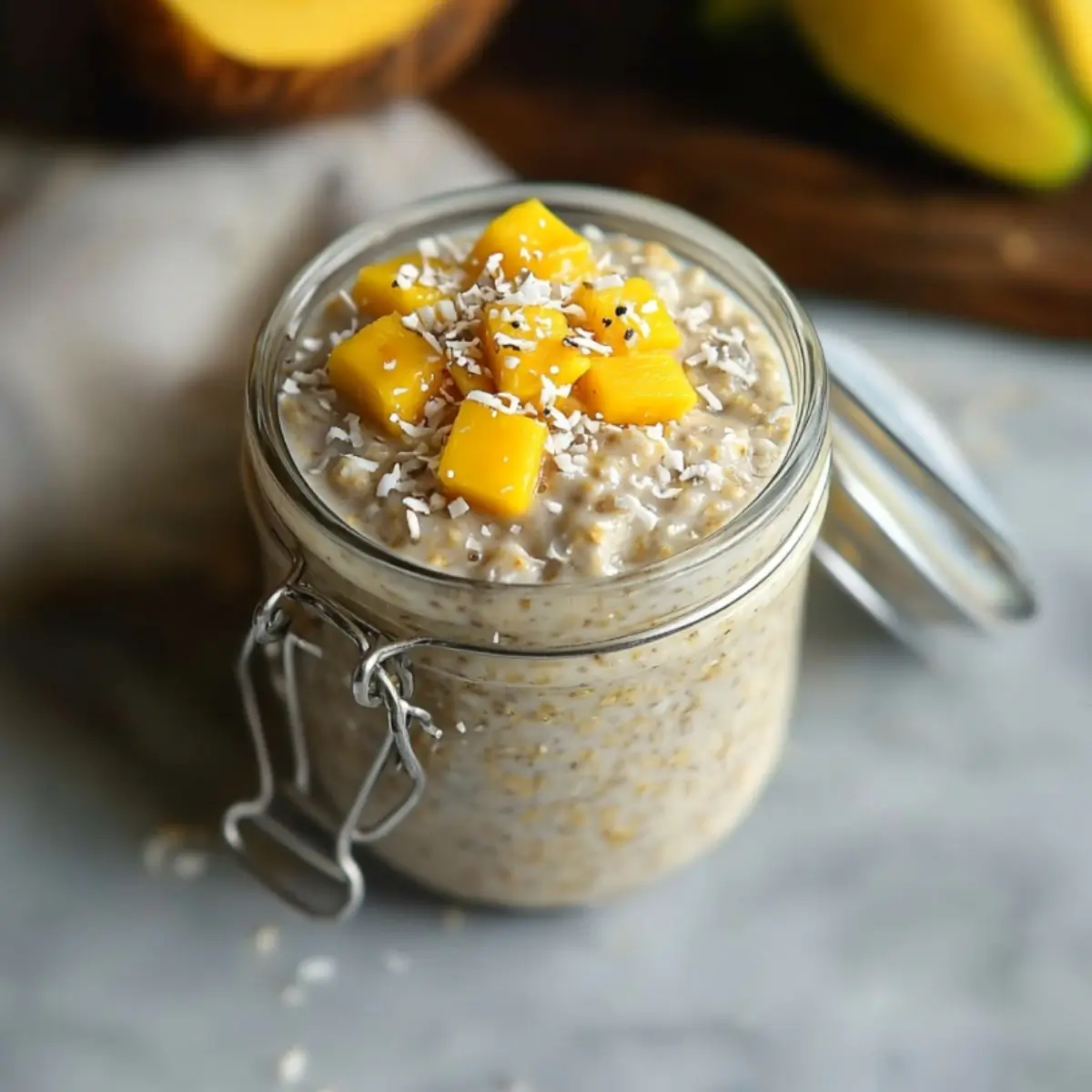 Mango Coconut Overnight Oats 6 Creamy overnight oats with tropical mango and coconut in glass container