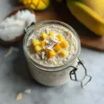 Mango coconut overnight oats in mason jar with fresh mango chunks and shredded coconut
