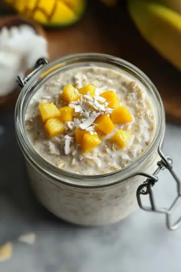Mango coconut overnight oats in mason jar with fresh mango chunks and shredded coconut