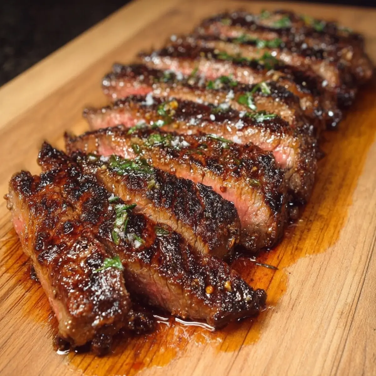 Tender marinated flat iron steak garnished with fresh herbs showing perfect medium-rare doneness and flavorful marinade coating