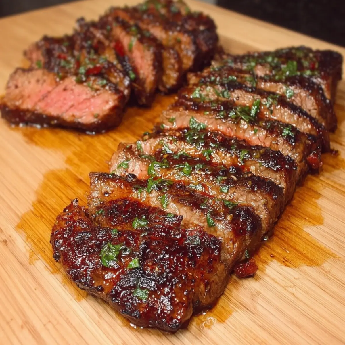 Juicy marinated flat iron steak with beautiful grill marks and caramelized marinade crust on white plate