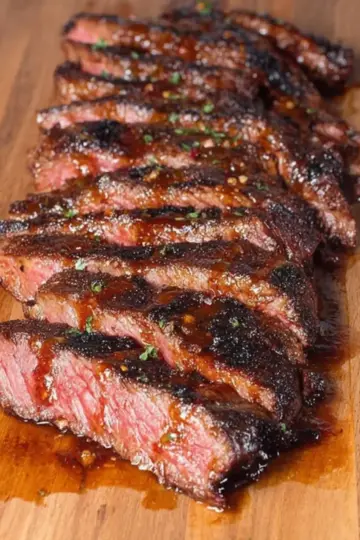 Perfectly grilled marinated flat iron steak sliced against the grain showing tender pink interior with caramelized exterior crust