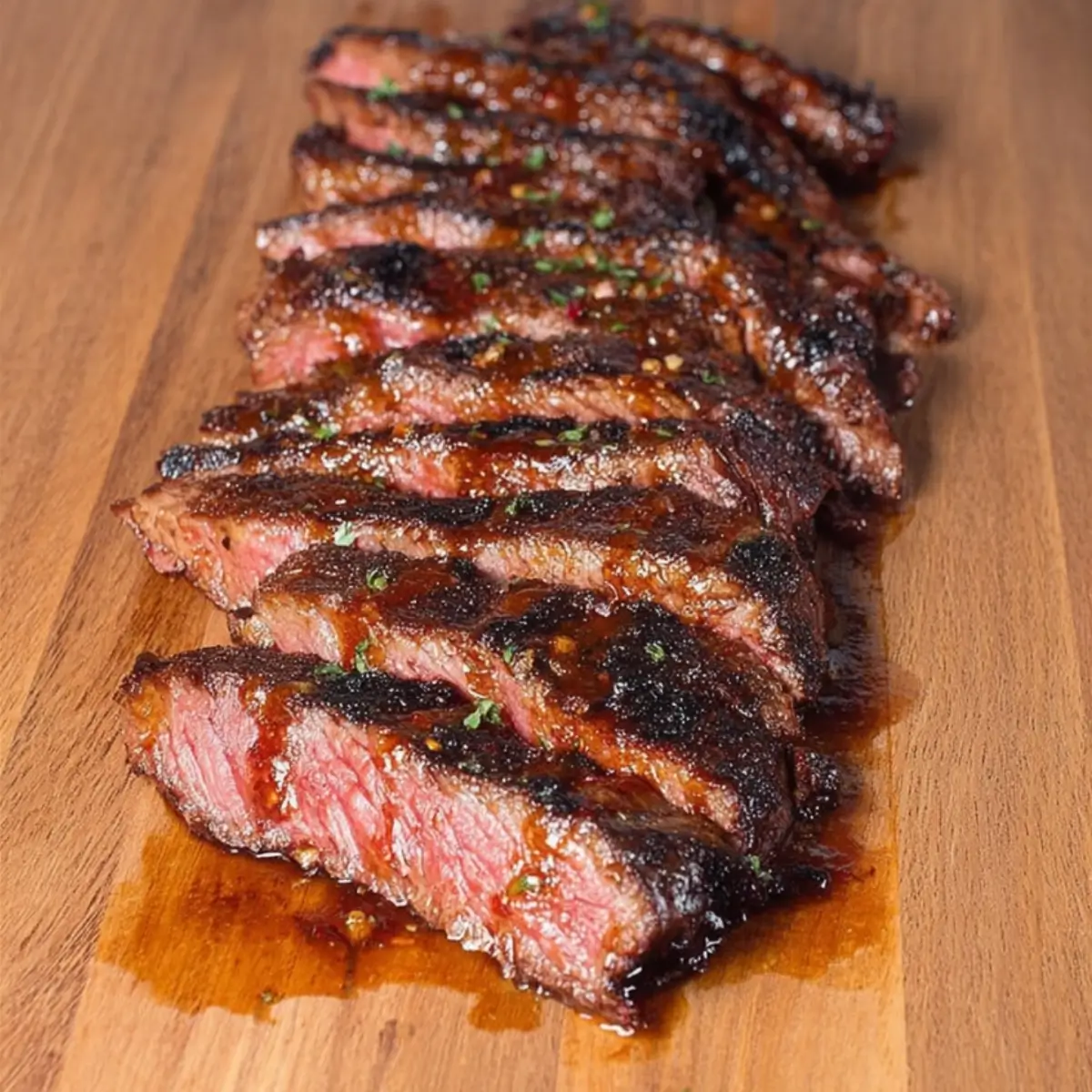 Perfectly grilled marinated flat iron steak sliced against the grain showing tender pink interior with caramelized exterior crust