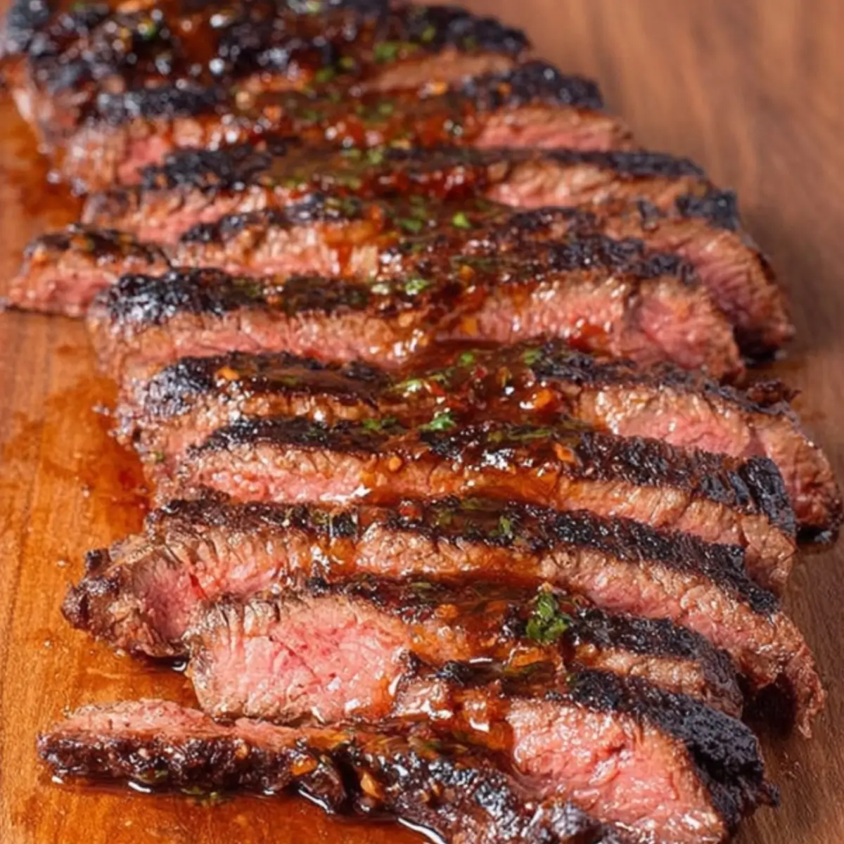 Marinated Flat Iron Steak Recipe 1 Succulent marinated flat iron steak sliced thin against the grain with natural juices pooling on cutting board