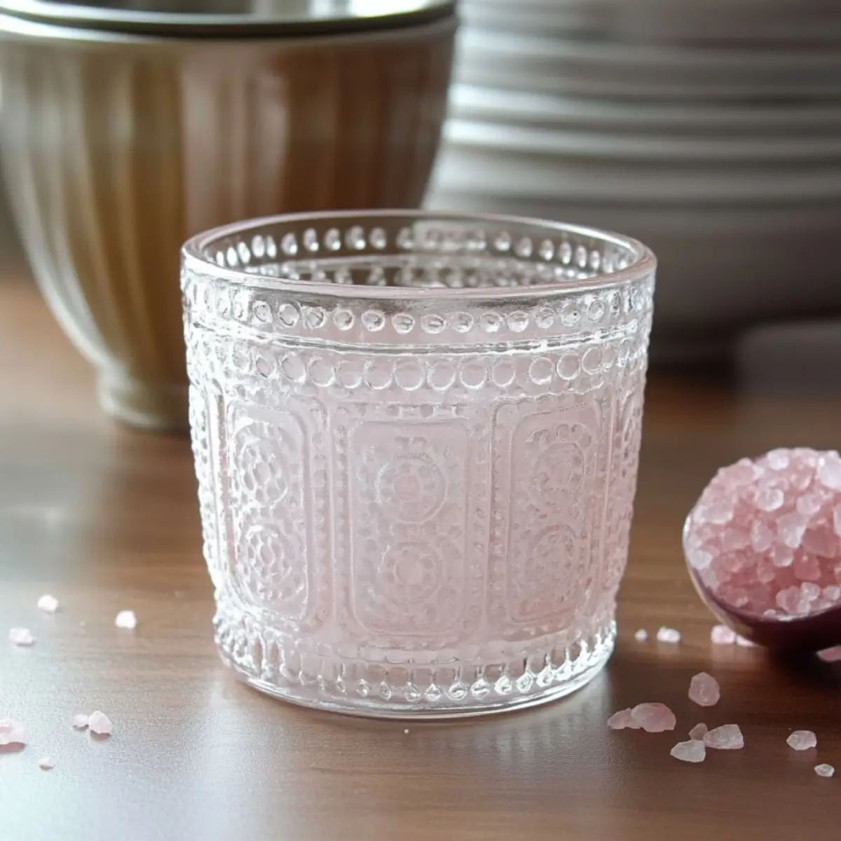 Pink salt trick recipe final drink in elegant glass showing pink Himalayan salt water with measuring spoons nearby