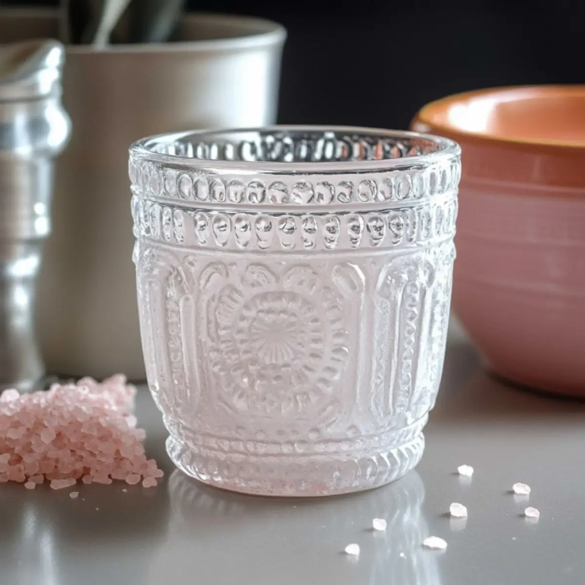 Pink Salt Trick Recipe for Weight Loss 1 Pink salt trick recipe ingredients laid out on kitchen counter including pink Himalayan salt, apple cider vinegar, honey and glass of water