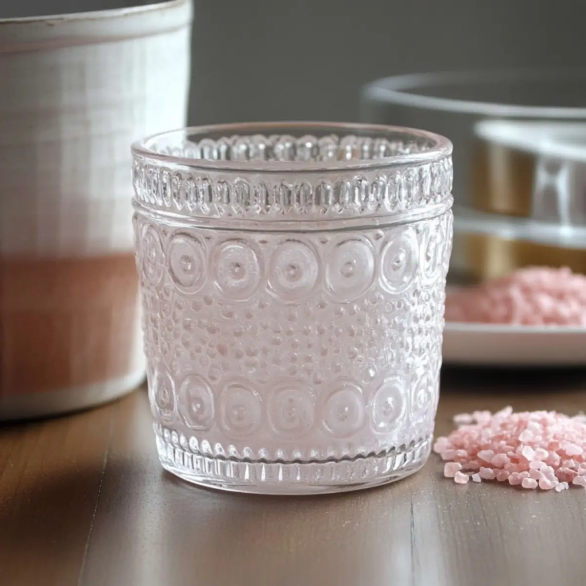 Step by step pink salt trick recipe preparation showing pink Himalayan salt, ACV, honey and finished drink