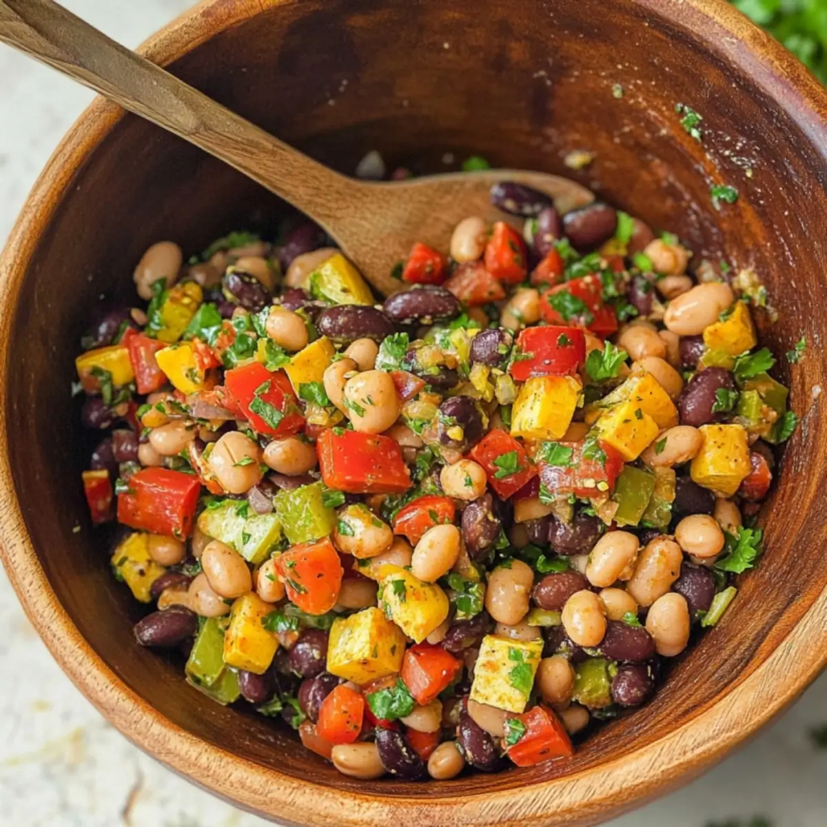 Meal prep containers filled with Southwest dense bean salad featuring cilantro lime dressing and colorful vegetables