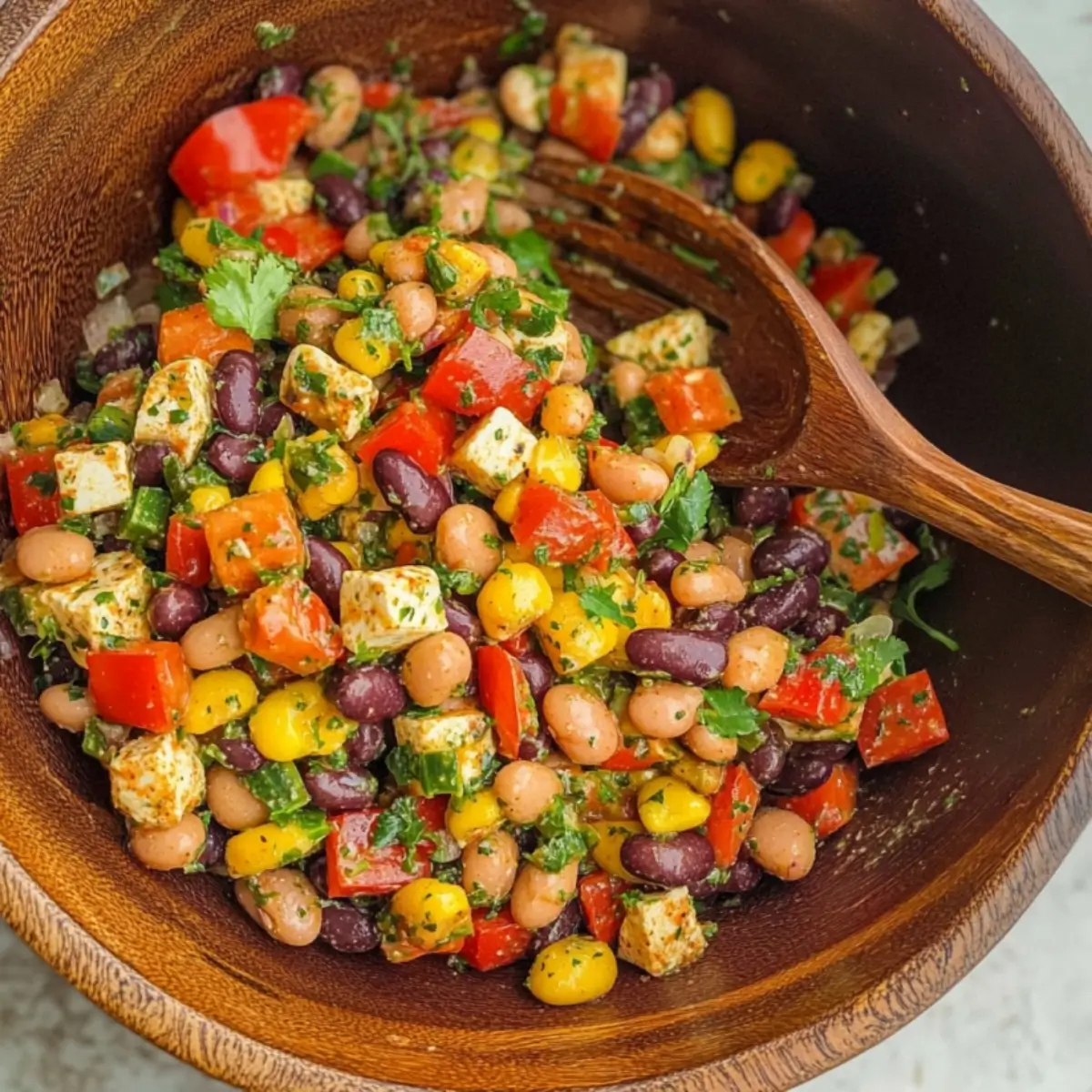 Close-up of dense bean salad with black beans, pinto beans, red bell peppers, and fresh cilantro in large mixing bowl