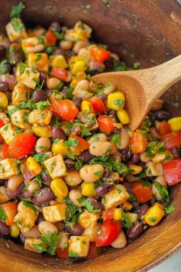 Southwest dense bean salad with black beans, pinto beans, corn, bell peppers, and cilantro lime dressing in wooden bowl