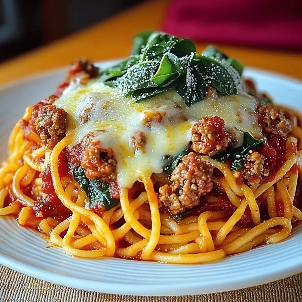 Garlic Butter Spaghetti with Cheesy Italian Sausage and Spinach