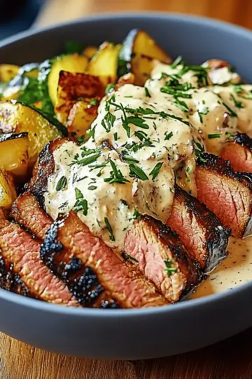 Grilled Steak Bowl with Creamy Sauce Grilled Zucchini