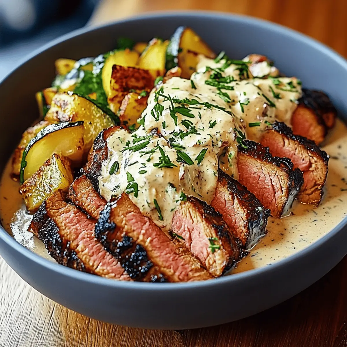 Grilled Steak Bowl with Creamy Sauce Grilled Zucchini