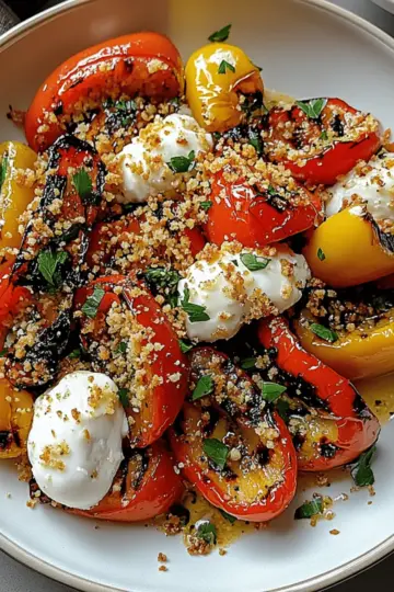Grilled Marinated Peppers with Burrata Cheese and Crispy Breadcrumbs qwvdxc