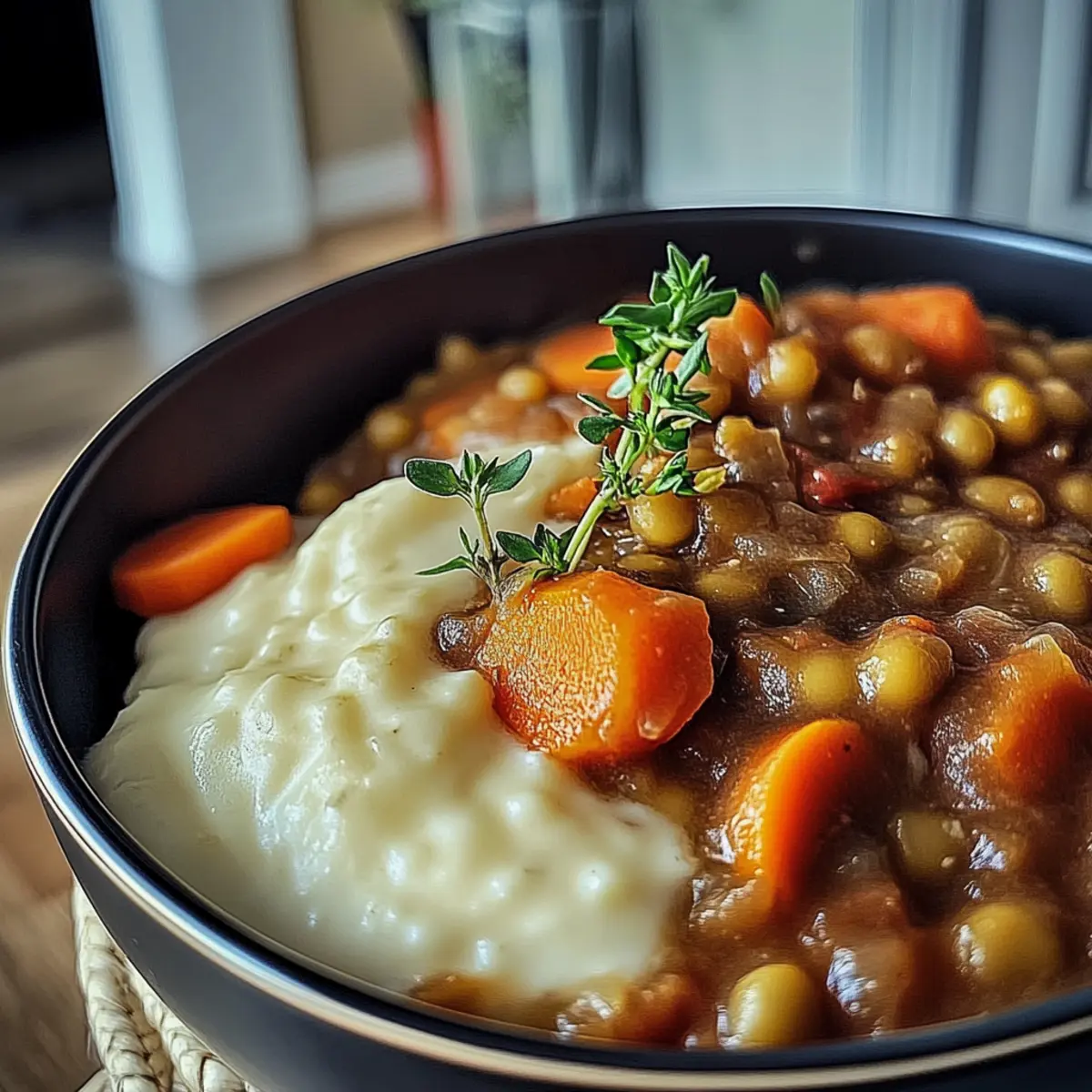 Hearty Lentil Stew Creamy Mashed Potato Bowl