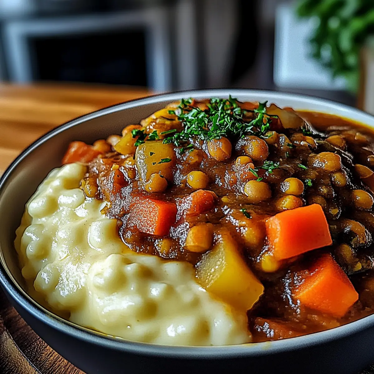 Hearty Lentil Stew Creamy Mashed Potato Bowl