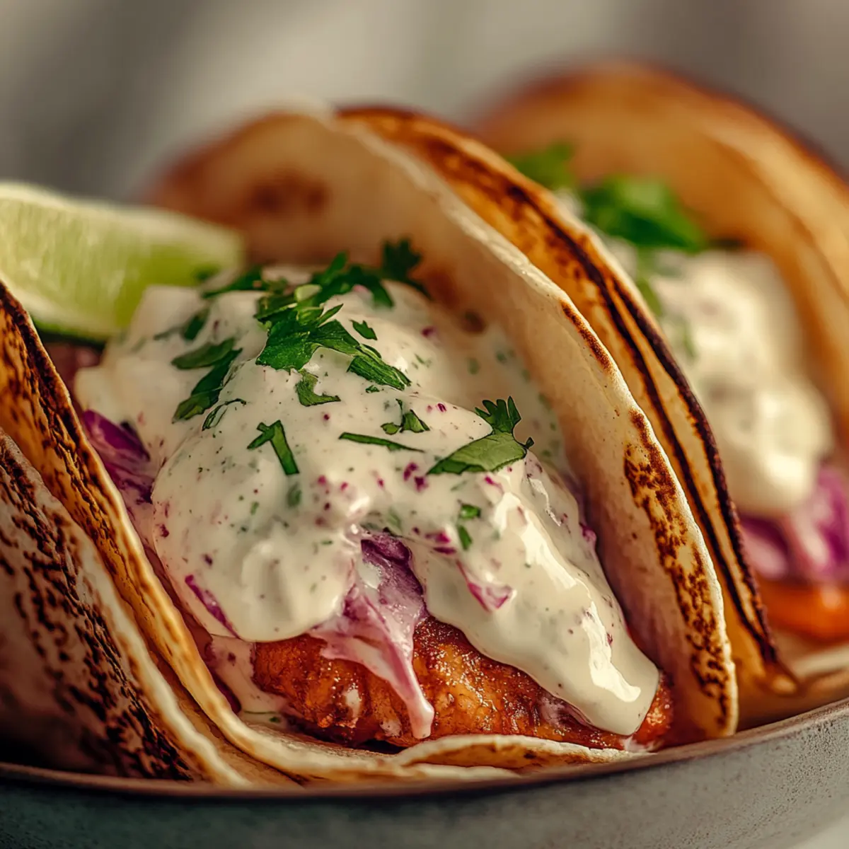 Salmon Tacos with Slaw and Lime Crema
