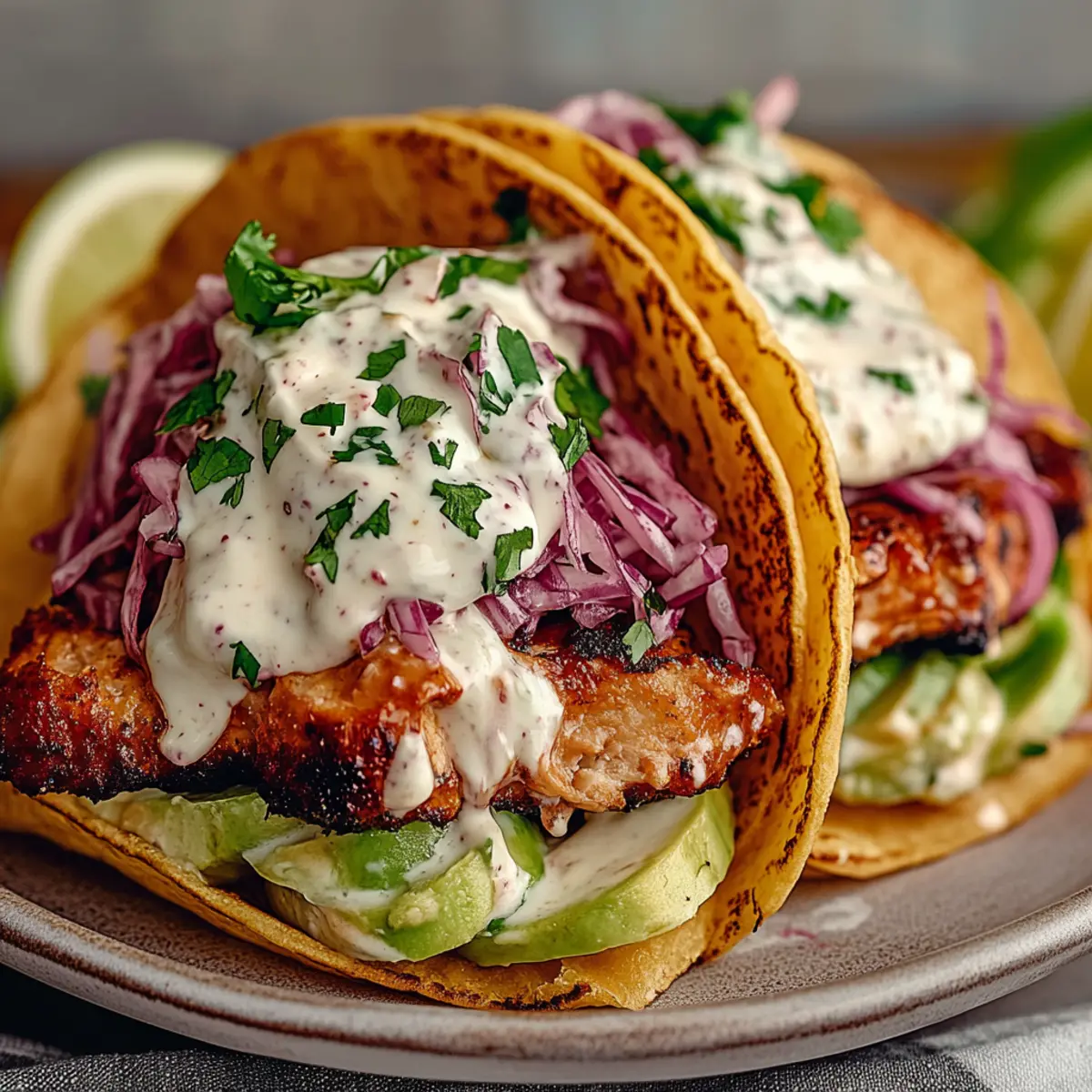 Salmon Tacos with Slaw and Lime Crema